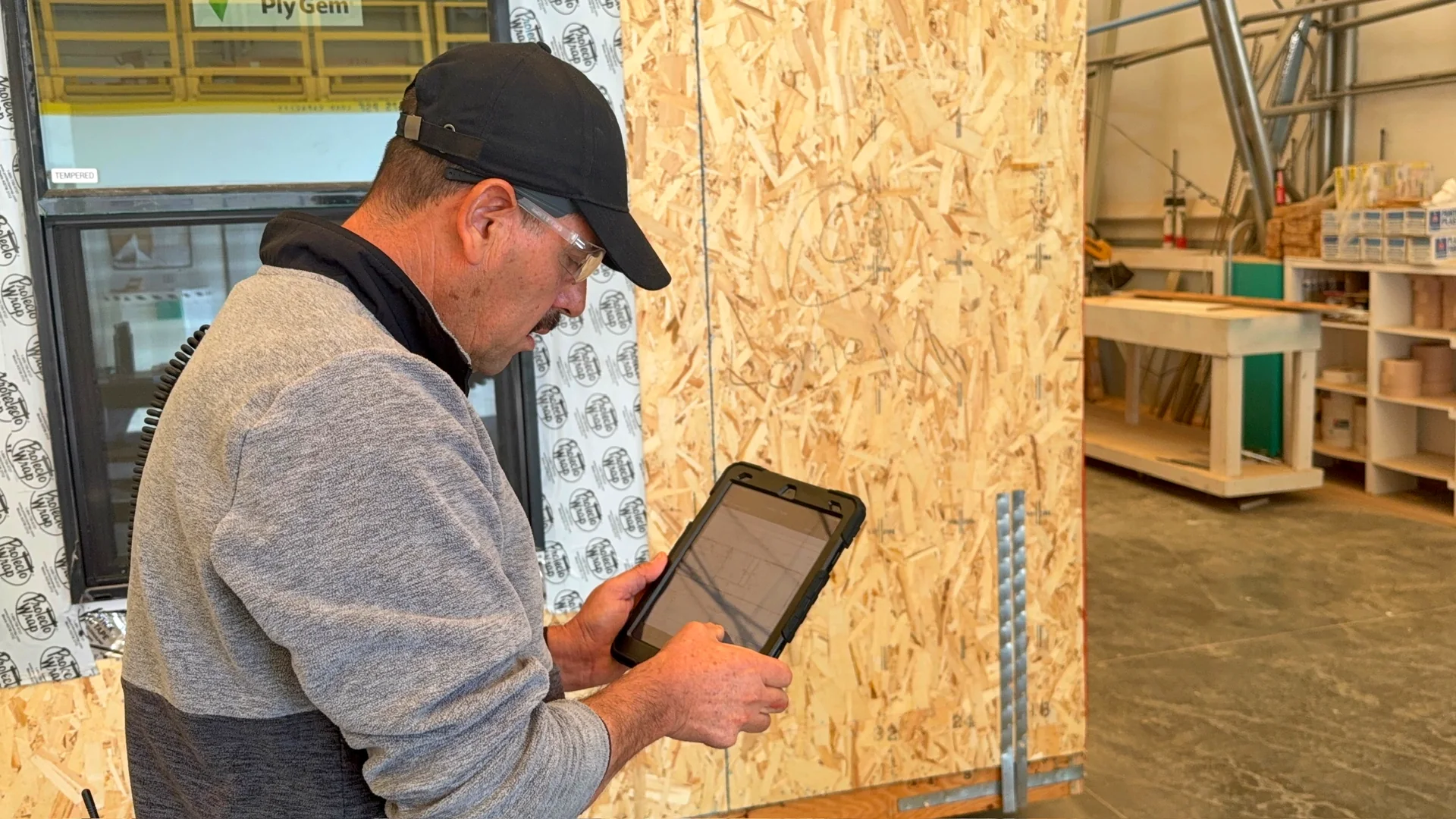 An S2A operator reviewing an active workflow on a tablet inside the MegaFactory