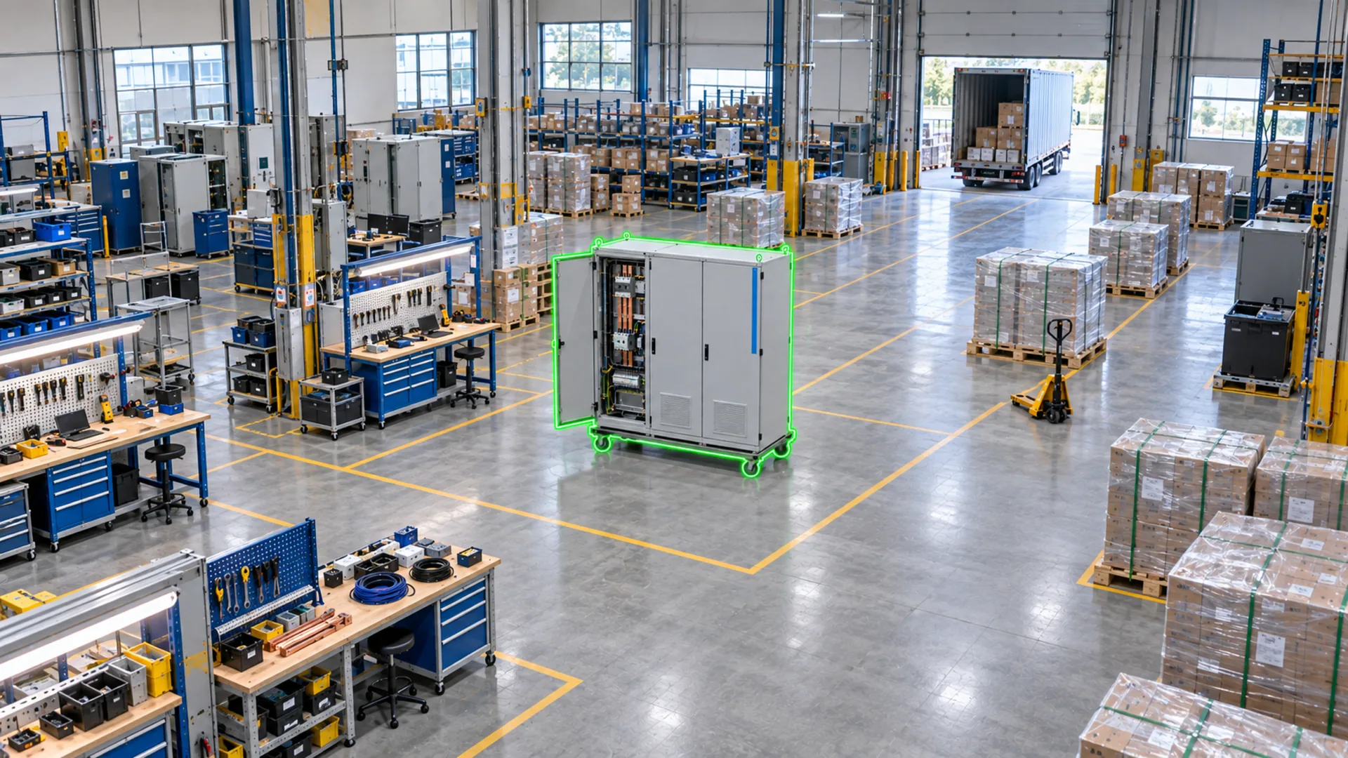 The switchgear cabinet outlined in green in the final-quality area