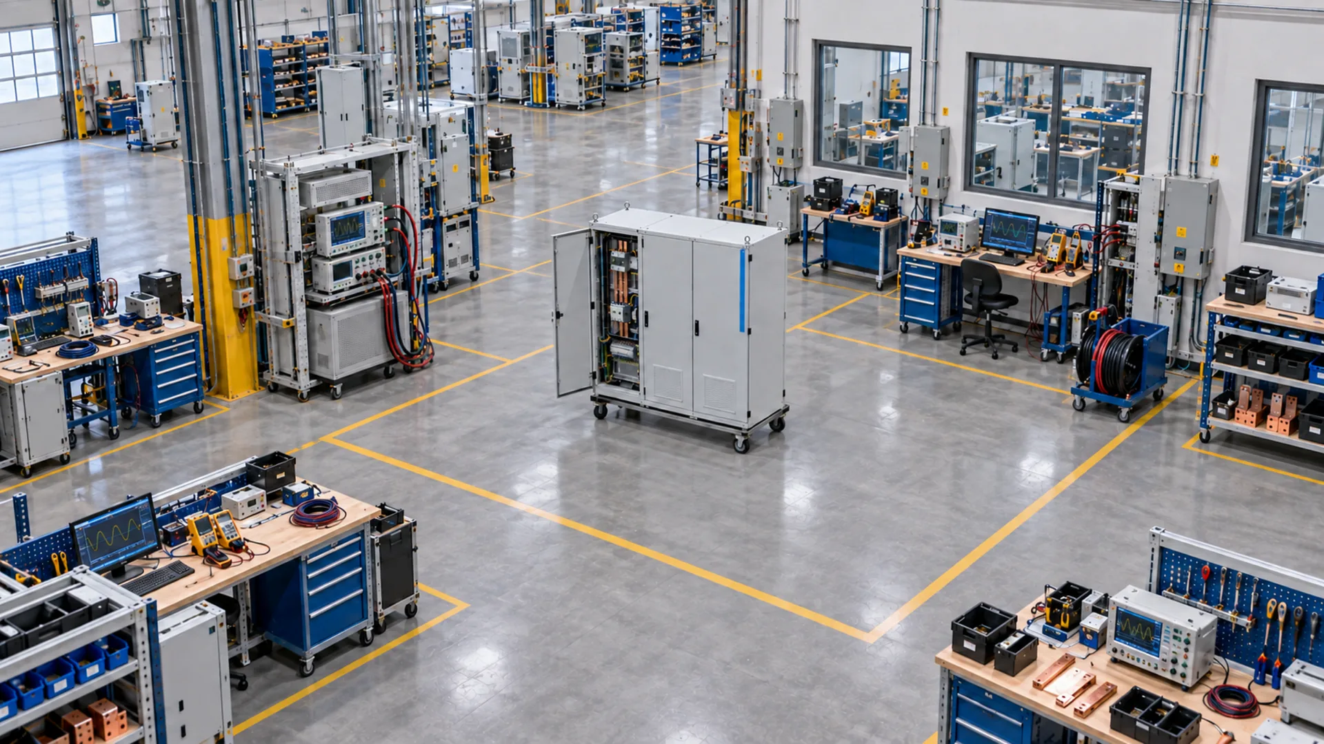 A raw camera still of a functional-testing area with a switchgear cabinet, test benches and a cable reel