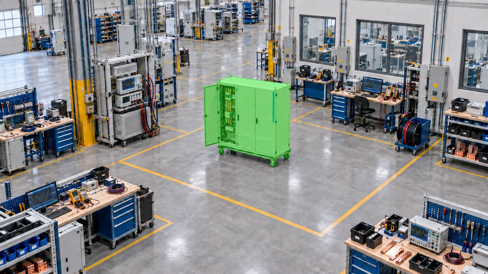 The same still as Vision AI reads it, with the switchgear cabinet highlighted in green as the unit in progress