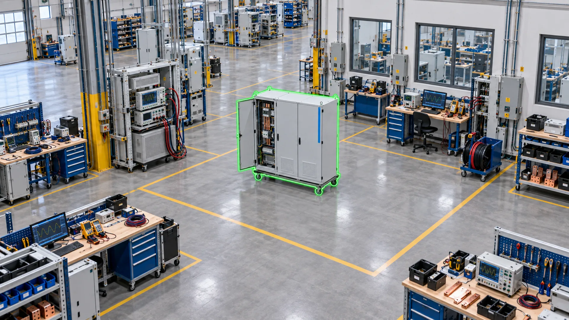 The switchgear cabinet outlined in green in the functional-testing area