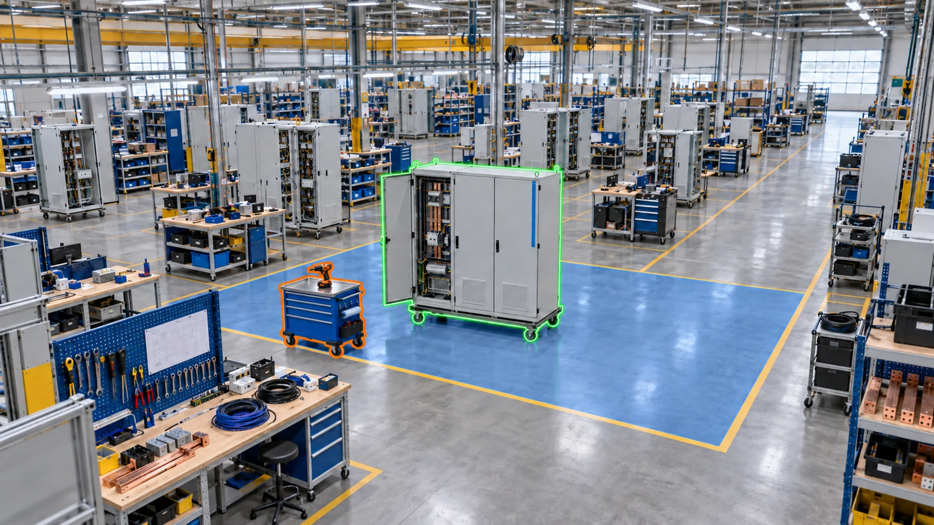 A fixed camera’s view of a wiring-assembly work area, highlighted in blue and marked active, with a switchgear cabinet outlined in green as the product and a tool cart outlined in orange as equipment