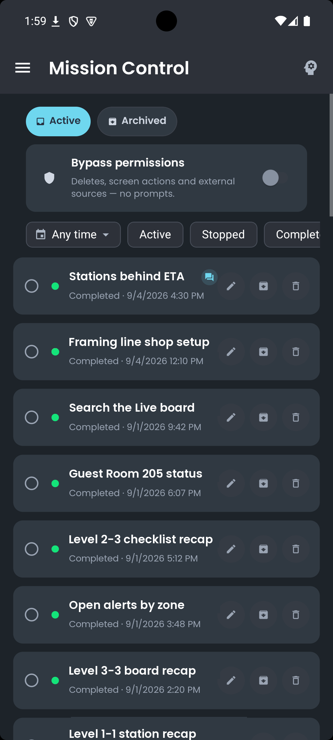 Offsight AI Mission Control on Android with completed factory sessions ready to reopen