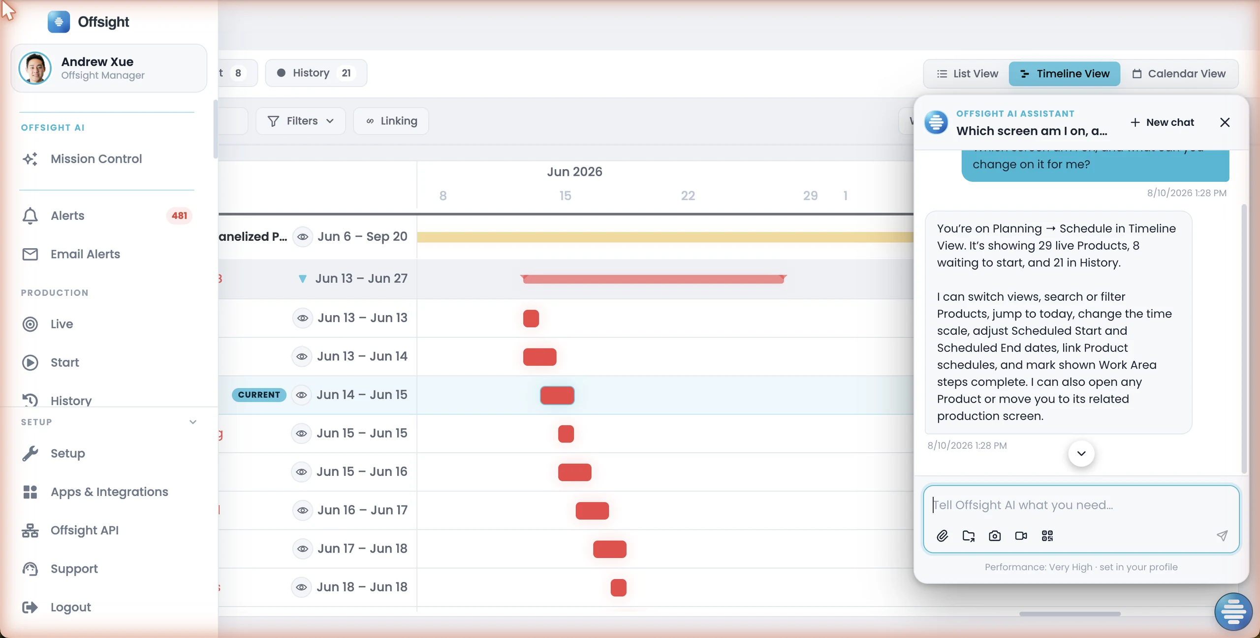 The Offsight AI Assistant open over the production schedule, naming the screen and listing what it can change there