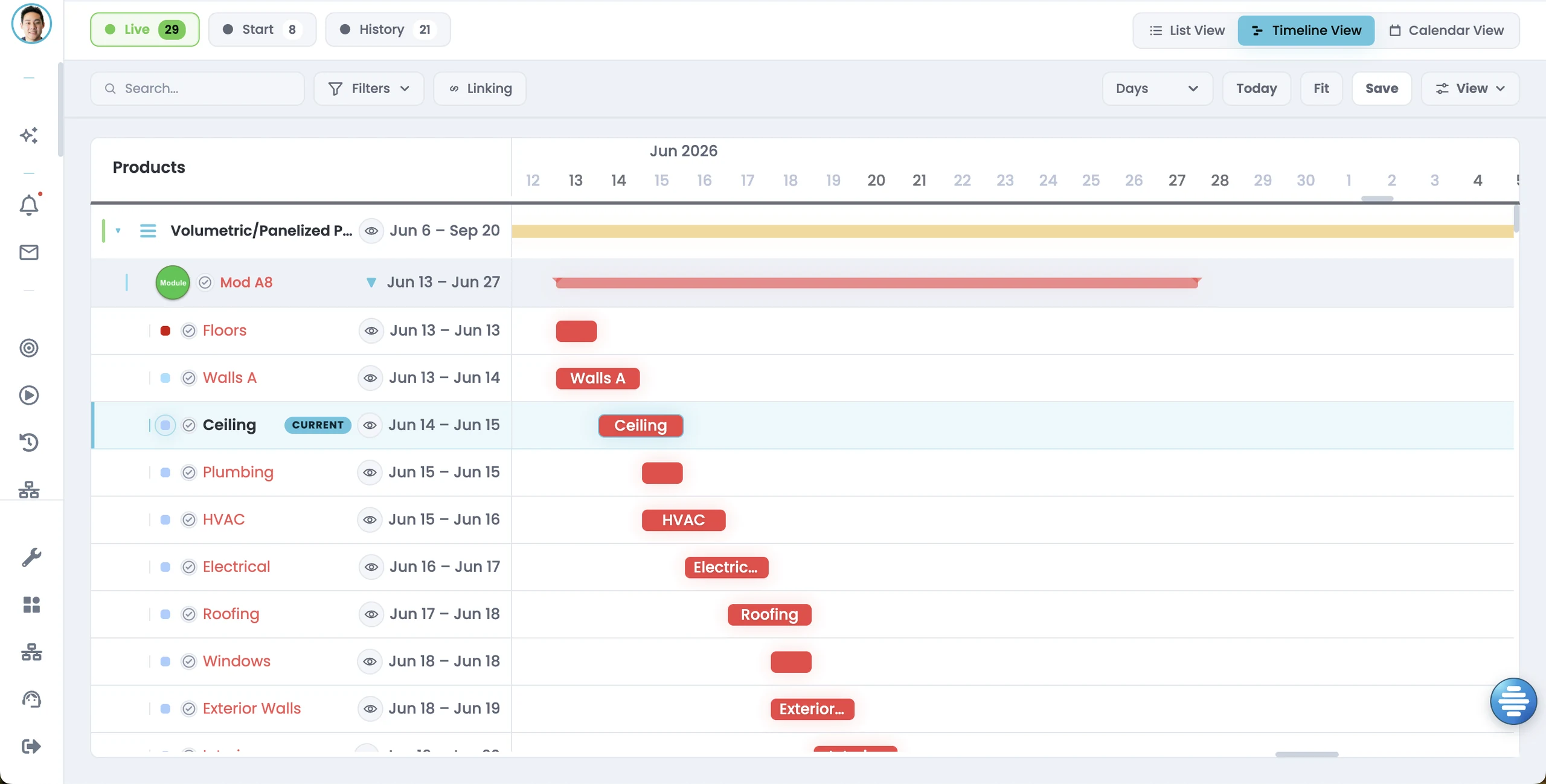 The Offsight production schedule, every product and task as a bar across the month