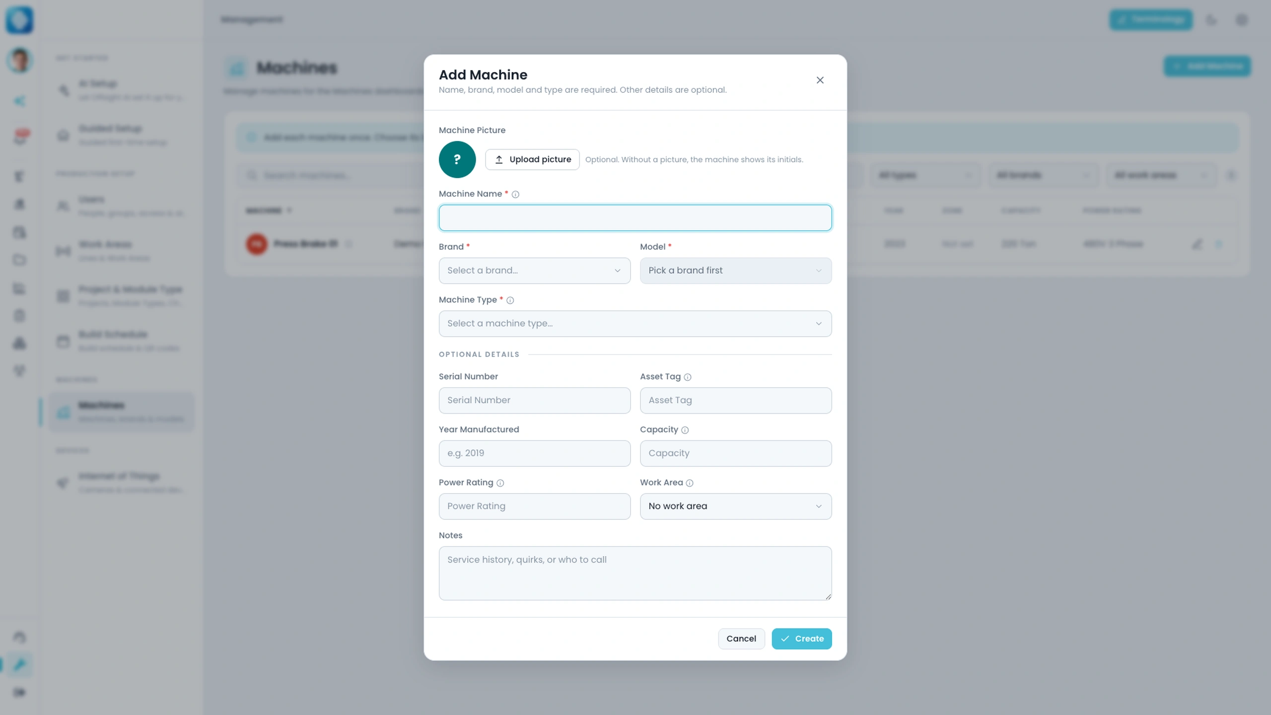 The Offsight Add Machine dialog with fields for the asset name, brand, model, machine type and optional operating details