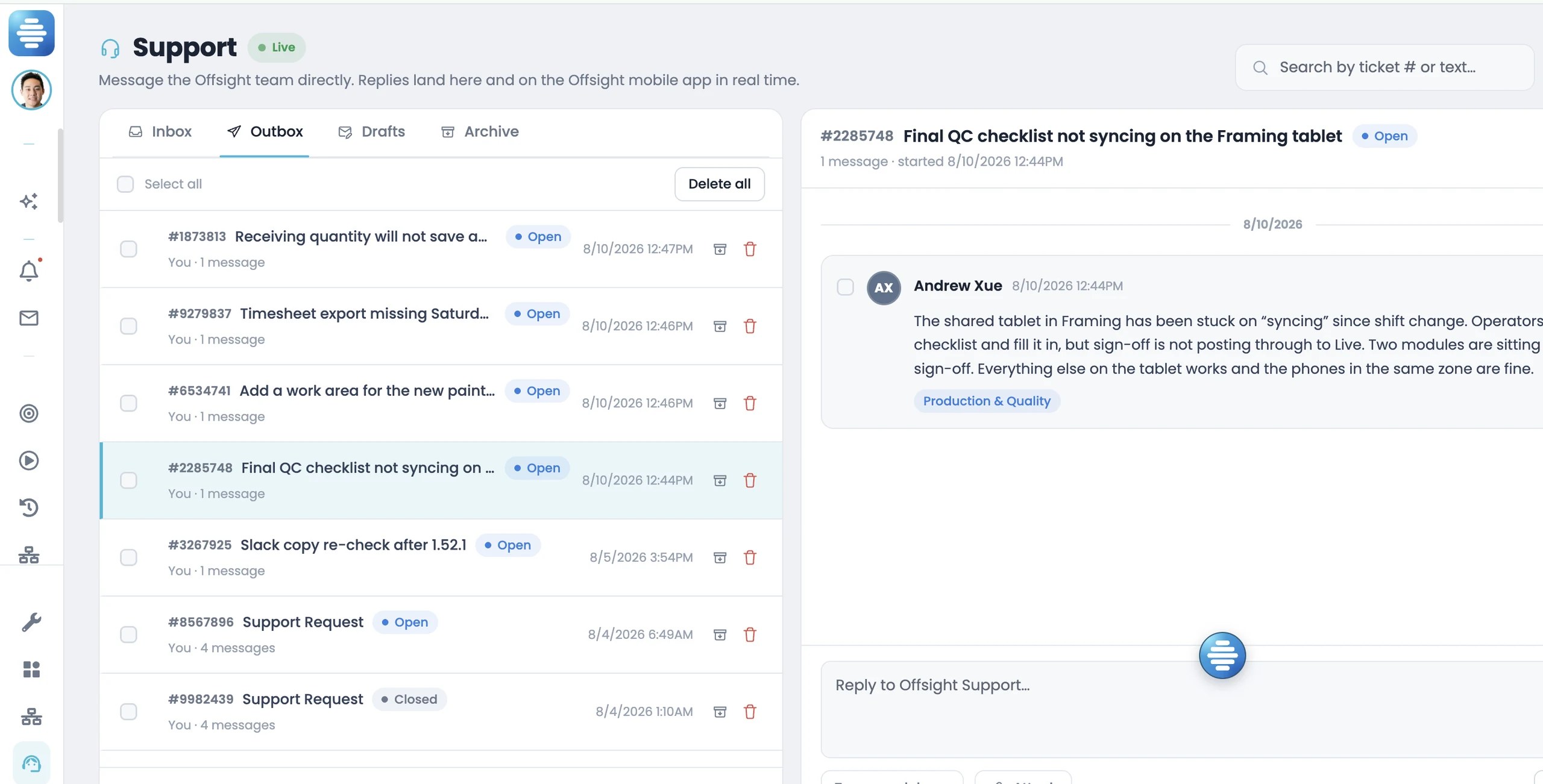 The Offsight Support dashboard with an open request, its module tag and the reply composer