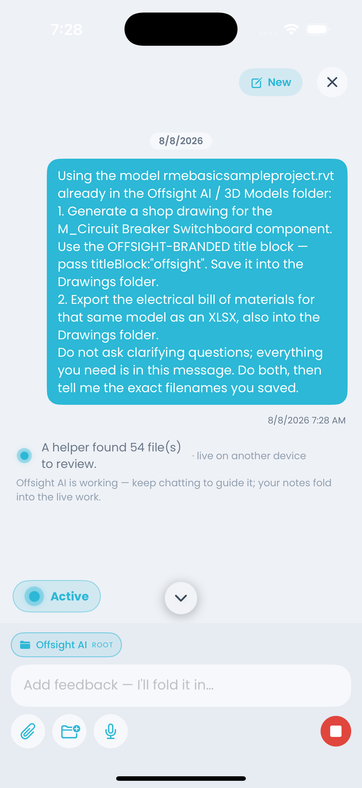 Offsight AI on iPhone generating a shop drawing and a bill of materials from a Revit model