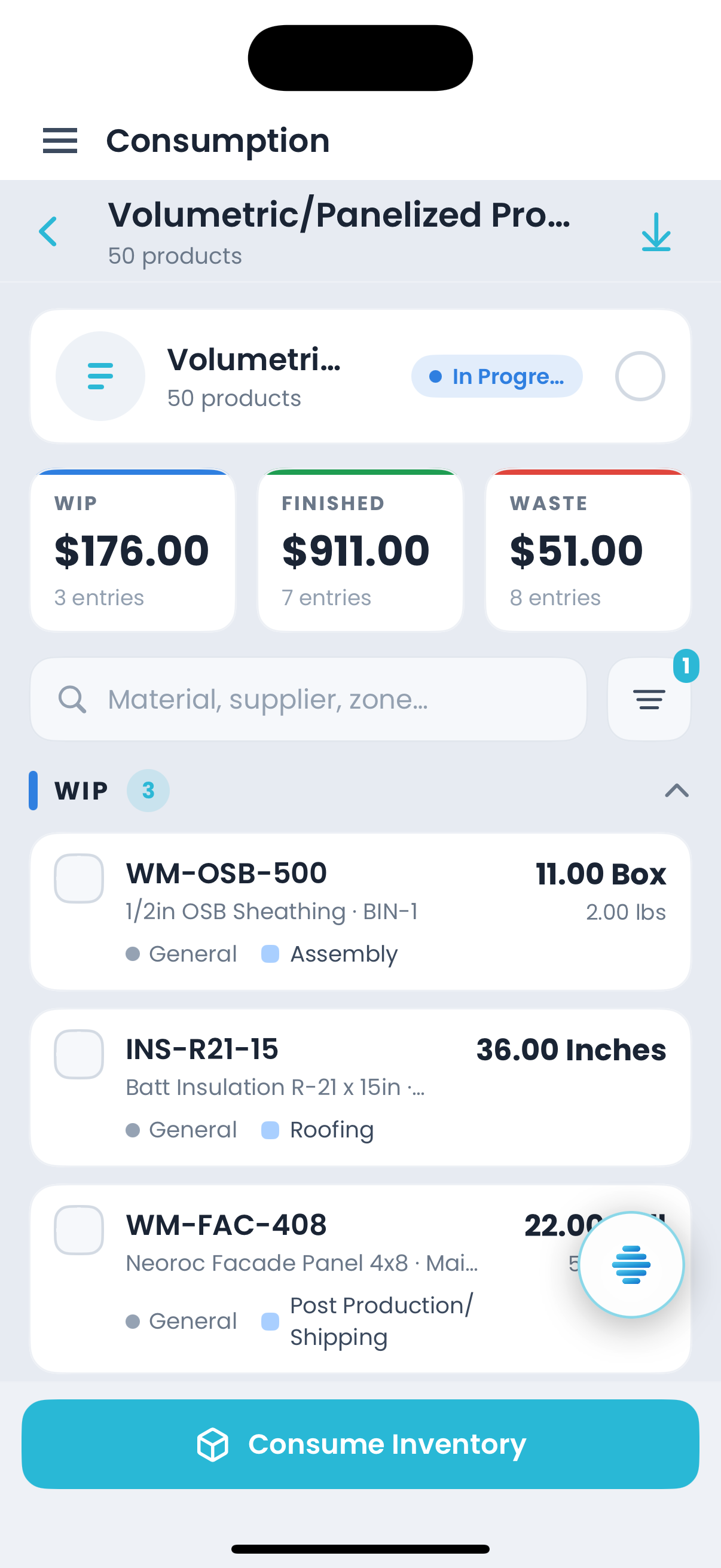 Material consumption on iPhone for a project, with WIP, finished and waste totals