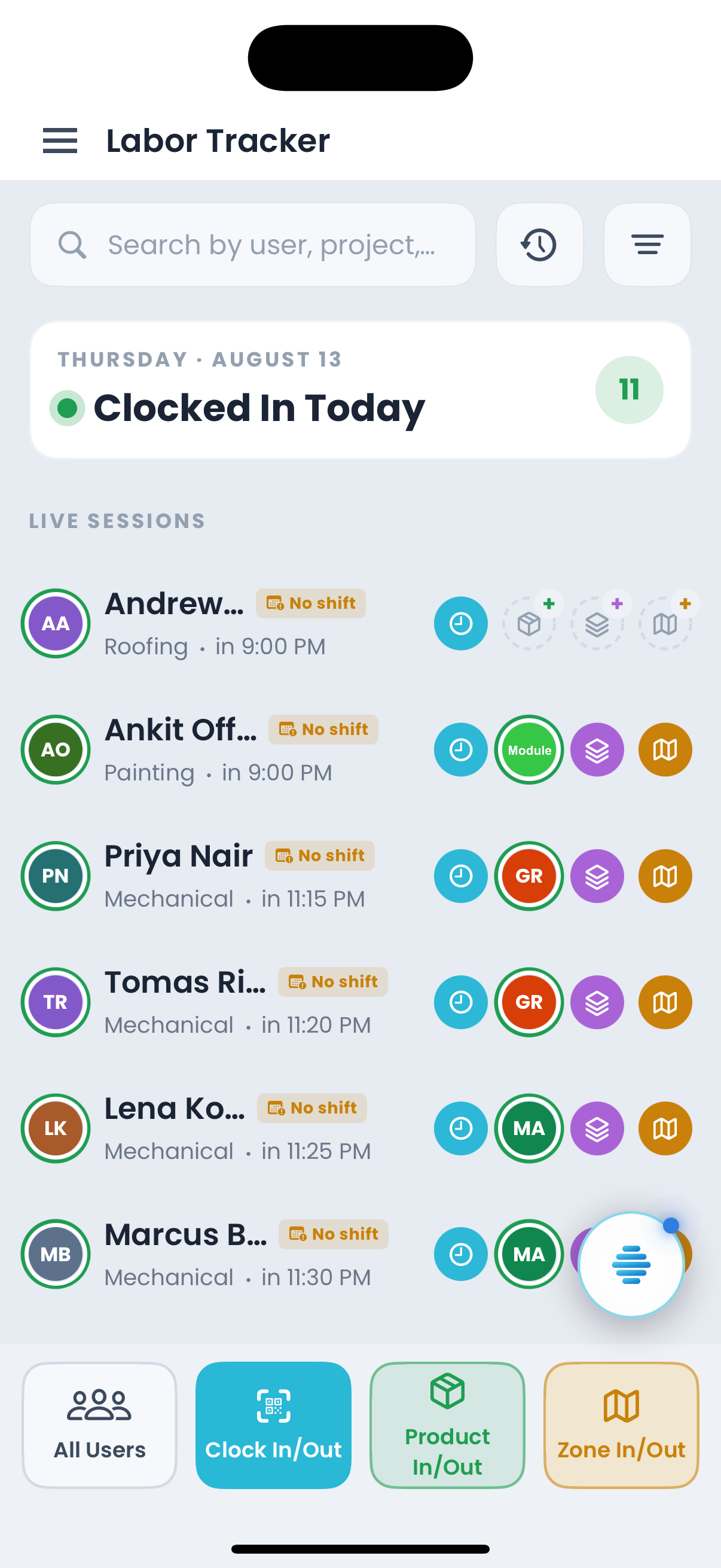 The Offsight Labor Tracker on iPhone, the crew clocked in and checked onto the products they are building