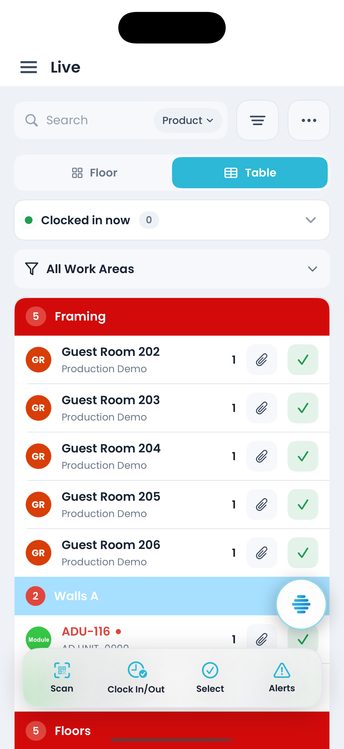 The Offsight Live board on iPhone as a table, every unit against its work area