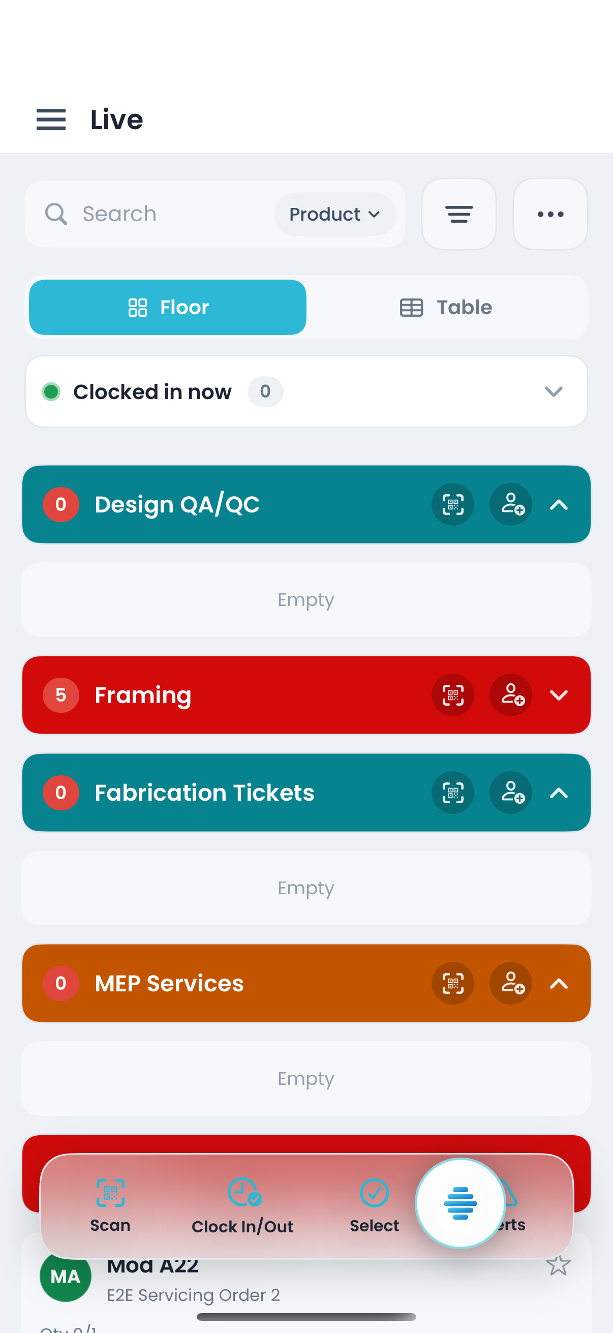 A product record open on iPhone, with its checklists and time by work area