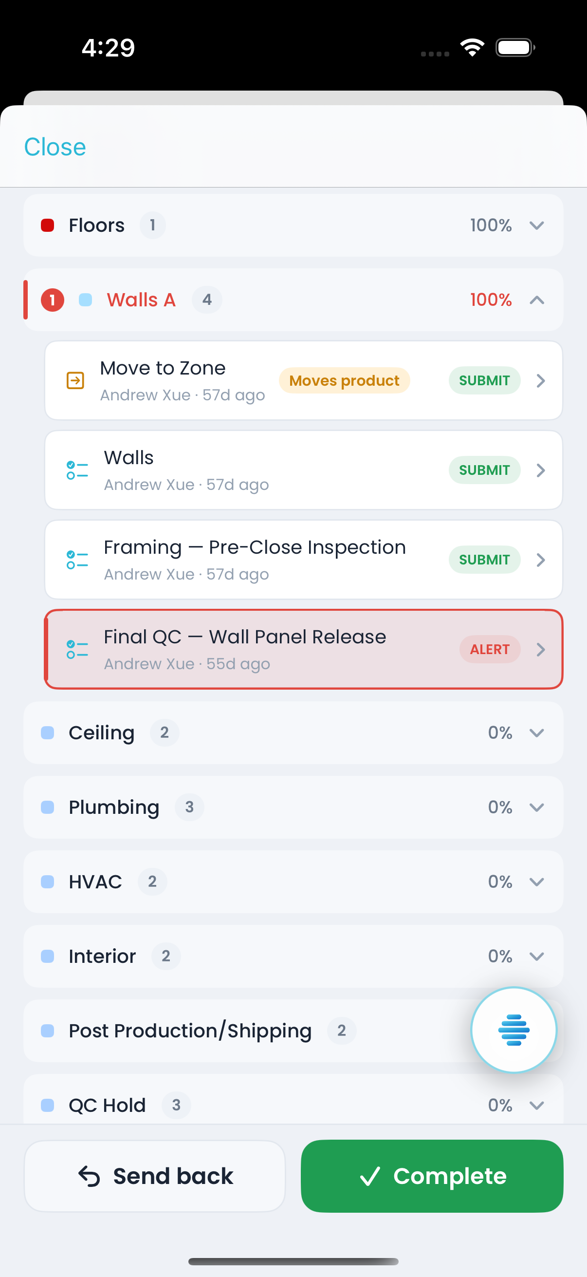 A product open on iPhone from the Live board, its checklists by work area with a failed check flagged