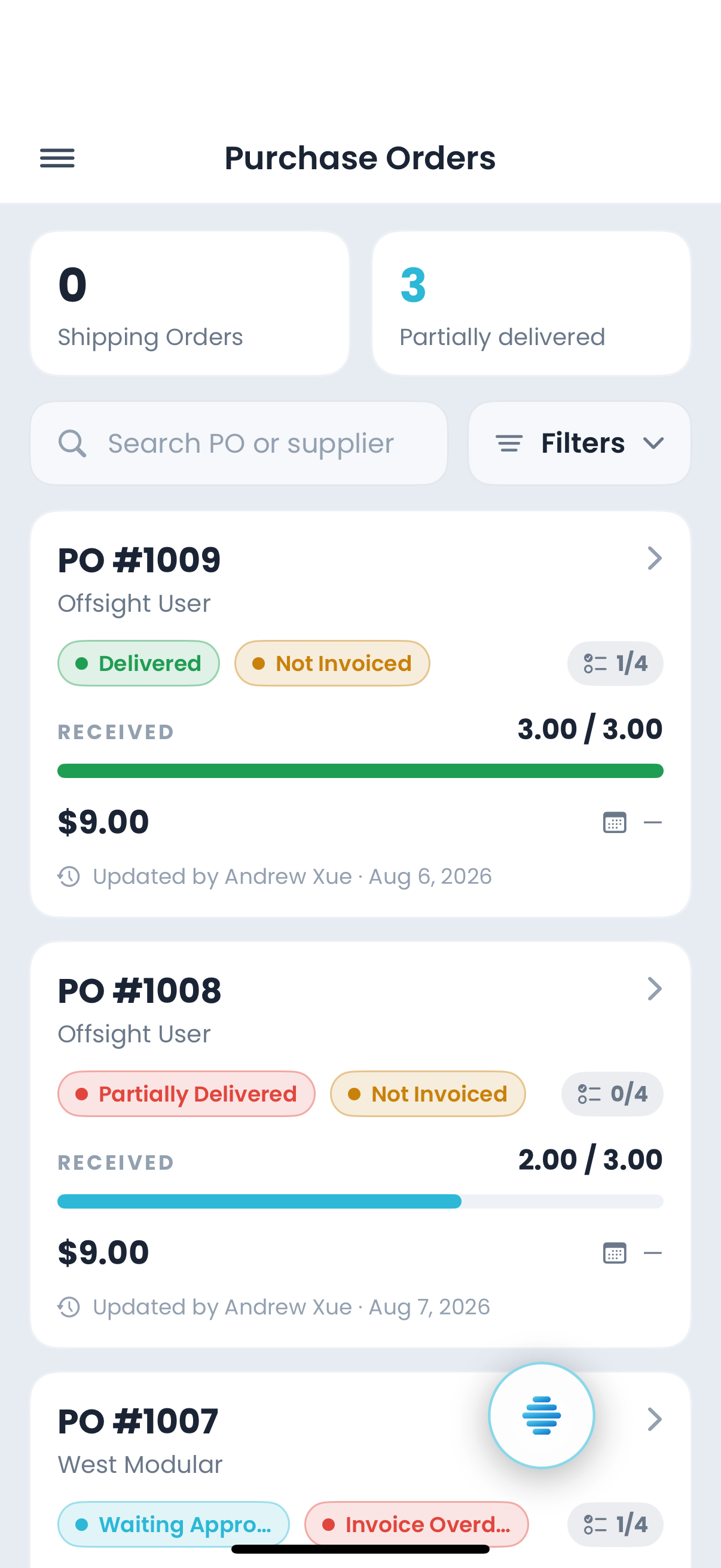 Offsight purchase orders on iPhone, received on the dock